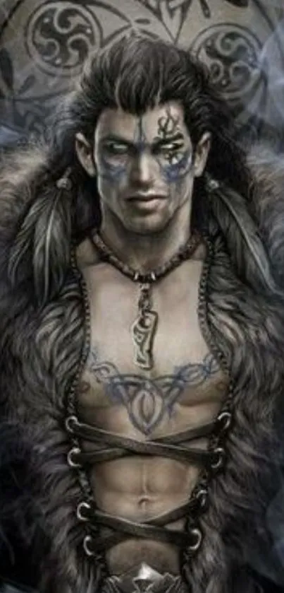 Mystical warrior with tattoos and fur cloak in a dark fantasy setting wallpaper.