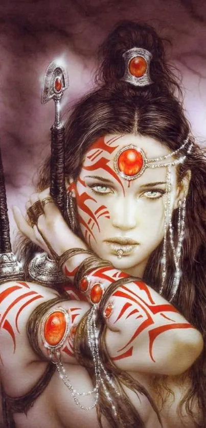 Captivating mystical warrior artwork with red accents and intricate design elements.