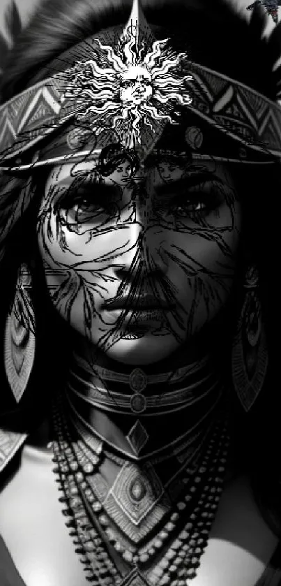 Black and white mystical warrior portrait with intricate jewelry.