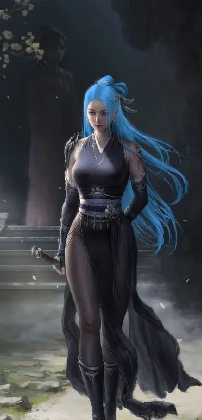 Mystical female warrior with blue hair in a smoky fantasy setting.