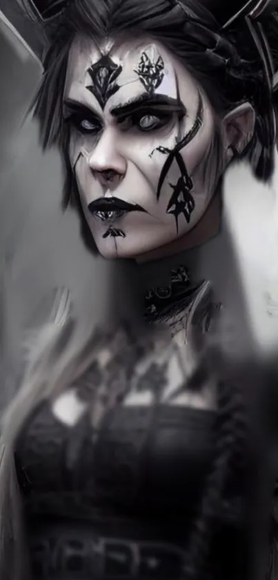 Dark fantasy warrior with mystical face paint and gothic elements.