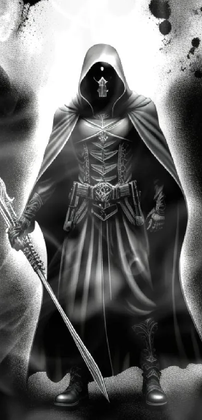 Warrior in black cloak holding a sword in a dark, mysterious setting.