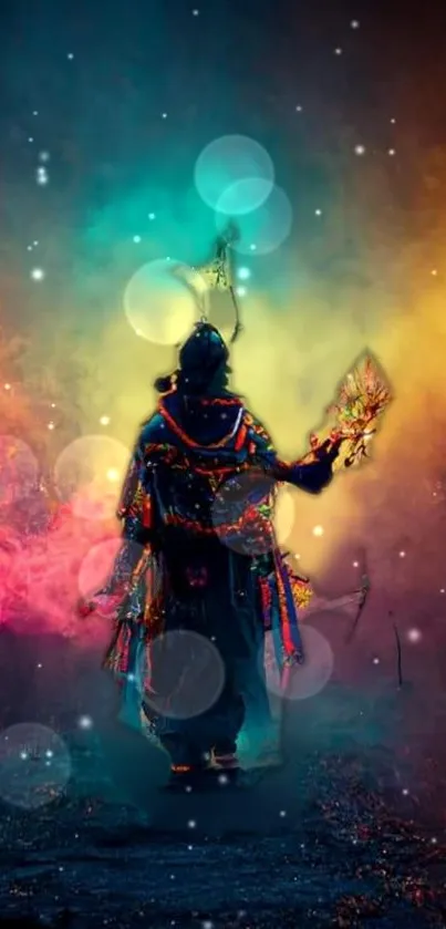 Mystical warrior in a colorful dreamscape with ethereal glow.