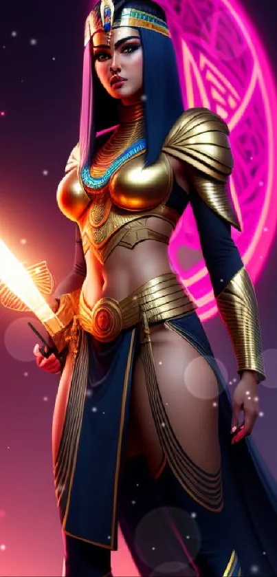 Mystical warrior in vibrant fantasy armor holding a glowing sword.