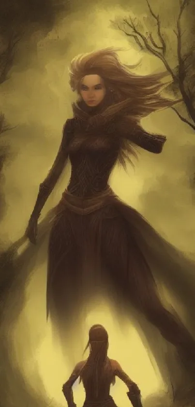 Fantasy art of a mystical warrior in a golden brown forest background.