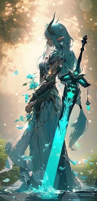 Mystical warrior with glowing sword in a fantasy forest setting.