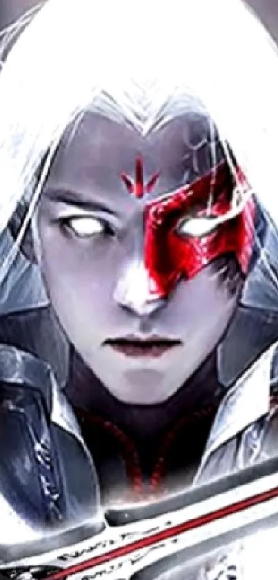 Mystical warrior with mask and sword, fantasy art.