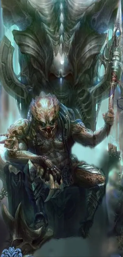 Mystical warrior sitting on a throne, fantasy art with intricate details.