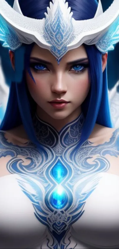 Fantasy art of mystical warrior with blue and white design.