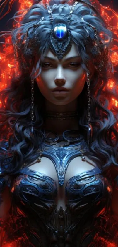 Mystical warrior fantasy art with fiery red background and intricate details.