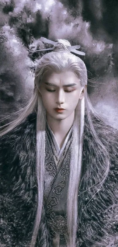 A mystical warrior in elegant fantasy attire with a serene expression.