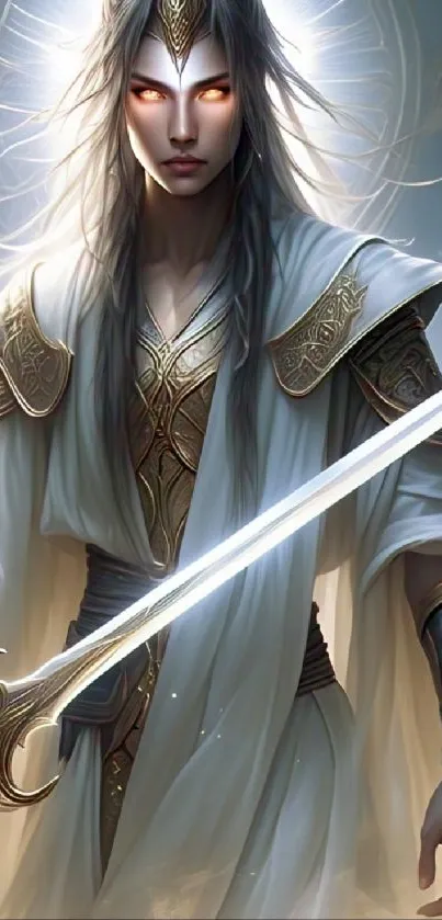 Ethereal warrior with glowing eyes and sword in fantasy artwork.