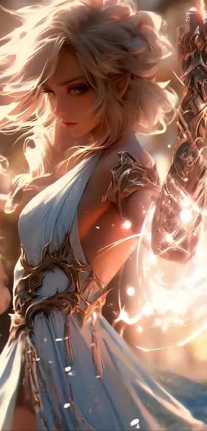 A mystical fantasy warrior with glowing armor and flowing hair.