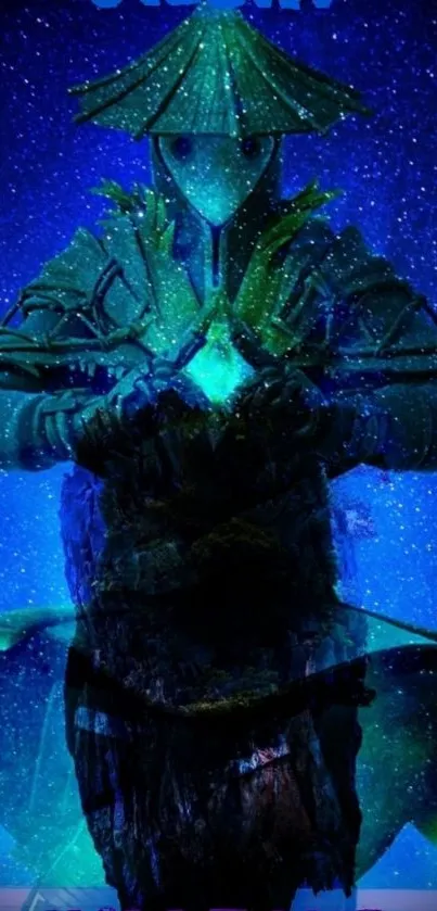 Mystical warrior in blue galaxy-themed mobile wallpaper.