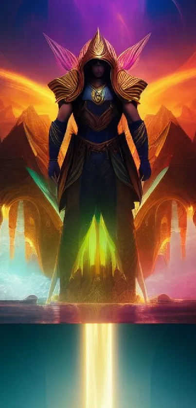 Mystical warrior in colorful light artwork.