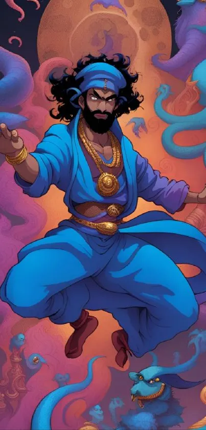 Animated warrior in blue jumpsuit against magical background.