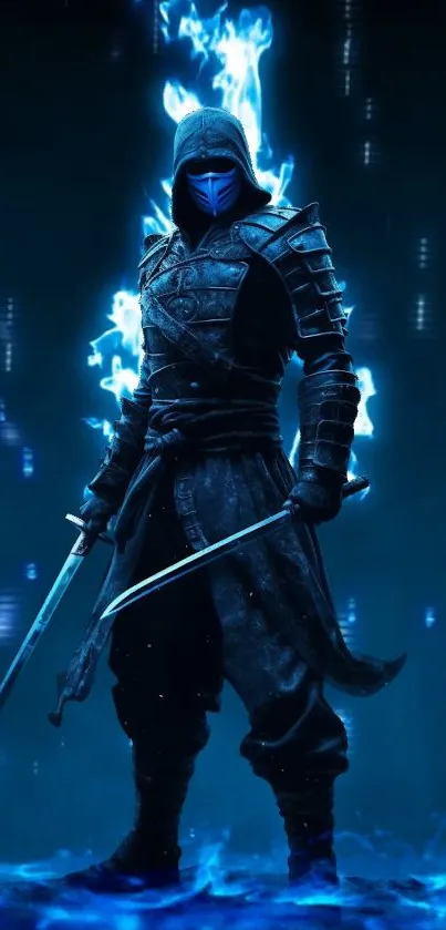 Mystical warrior standing in vibrant blue flames, showcasing fantasy art.