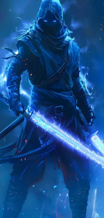 Mystical warrior with glowing blue sword and aura.