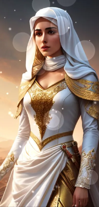 Mystical warrior in desert with golden armor and white attire.