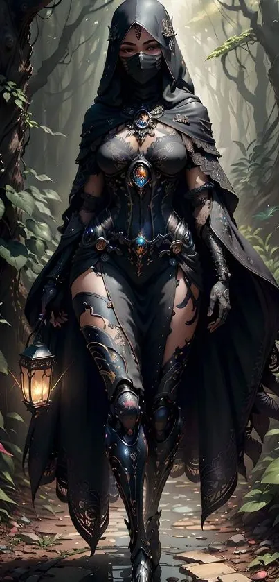 Mystical warrior in dark armor walking through an enchanted forest.