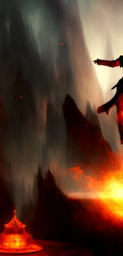 Mystical warrior floats in fiery, magical landscape.