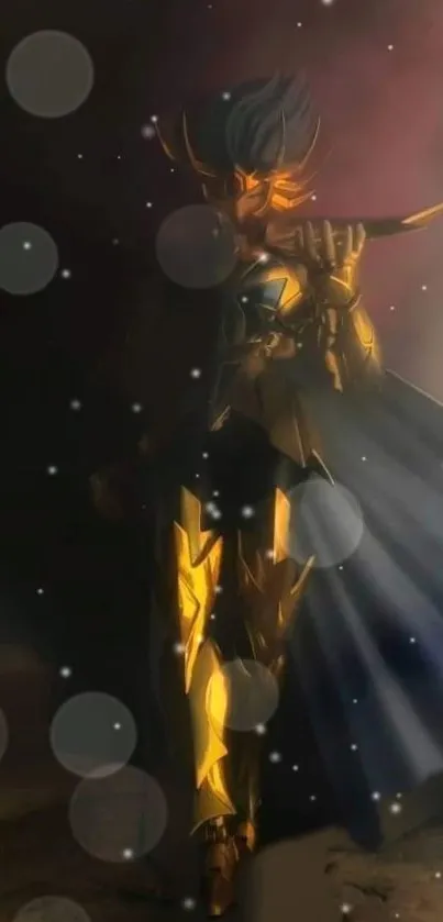 Mystical warrior in gold armor with ethereal light.