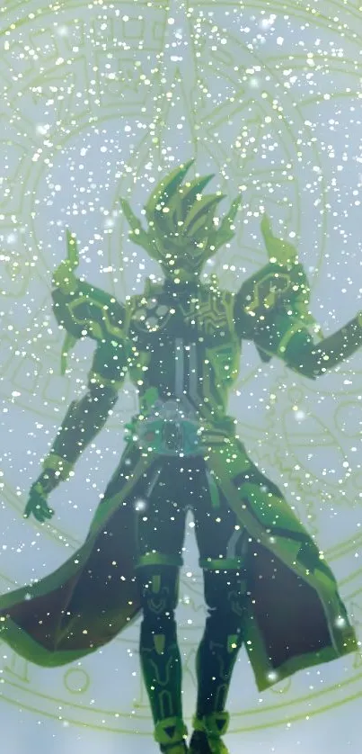 Mystical warrior in green aura with celestial symbols.