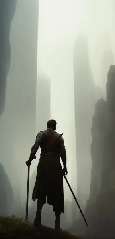 Warrior with sword in misty, towering canyon.