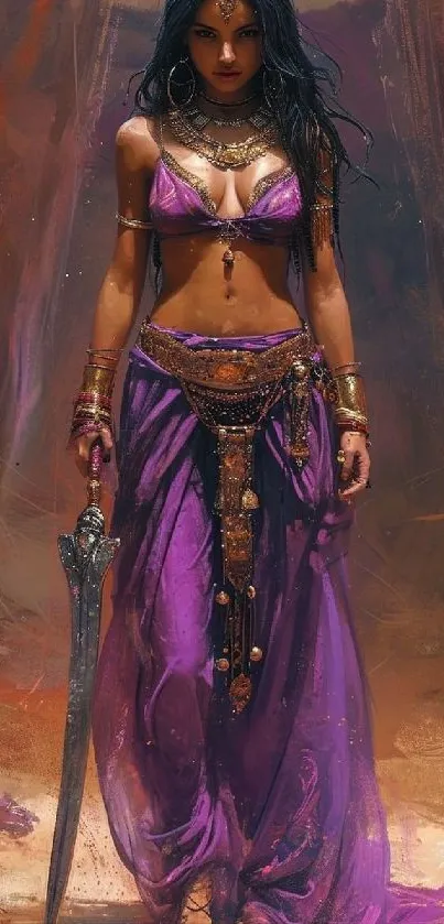 Mystical warrior in vibrant purple attire, holding a sword, with a detailed backdrop.