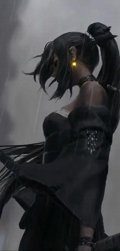 Anime warrior in dark attire with swords, standing in rain.