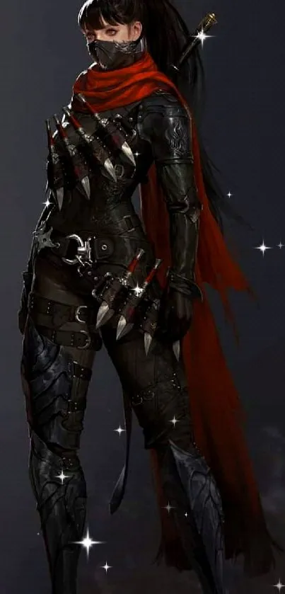 A mystical warrior in black armor with a red scarf, ready for battle.