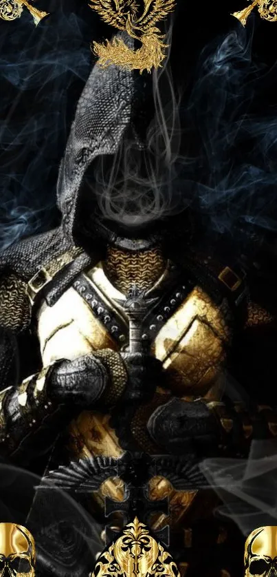 Hooded warrior shrouded in smoke with gold and black accents.