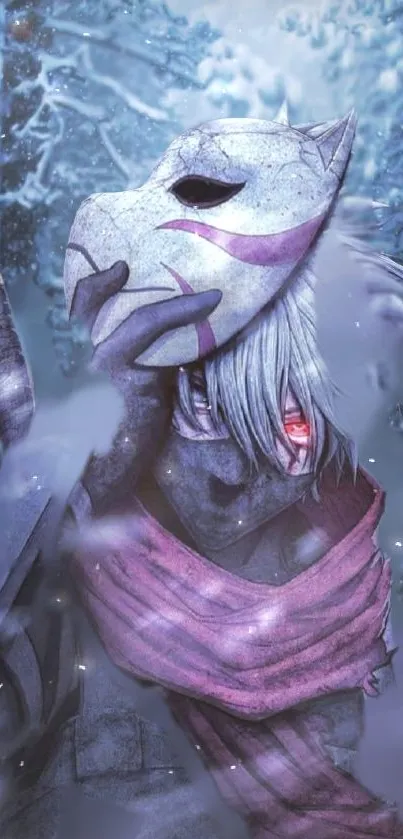 Anime warrior in a snowy forest, wearing a mystical mask.