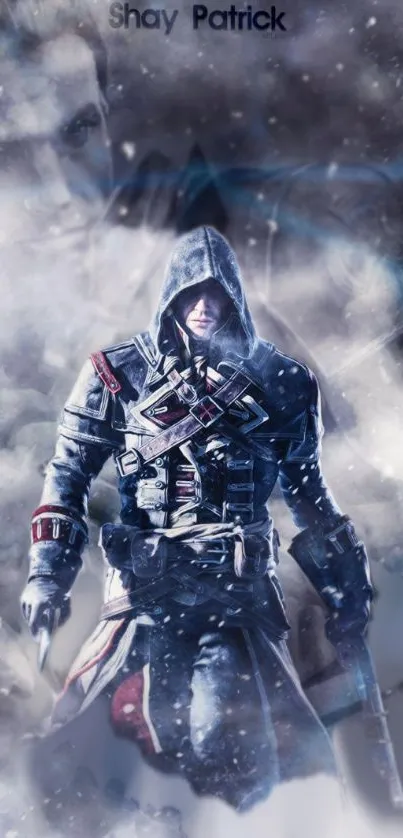 Warrior in winter snow, hooded in dark attire.