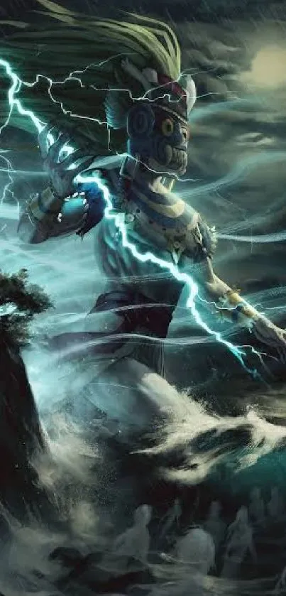 Mystical warrior with lightning in dark stormy scene mobile wallpaper.