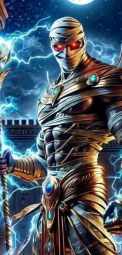 Epic warrior with glowing eyes surrounded by lightning.