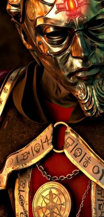 A mystical warrior with a detailed mask and symbols on a red background.