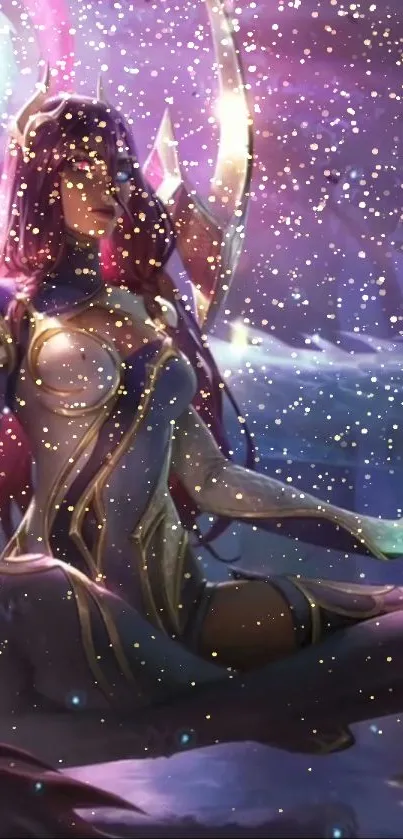 Mystical female warrior meditating under a starlit, purple-tinted sky.