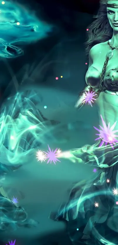 Mystical warrior with ethereal, teal swirling lights.