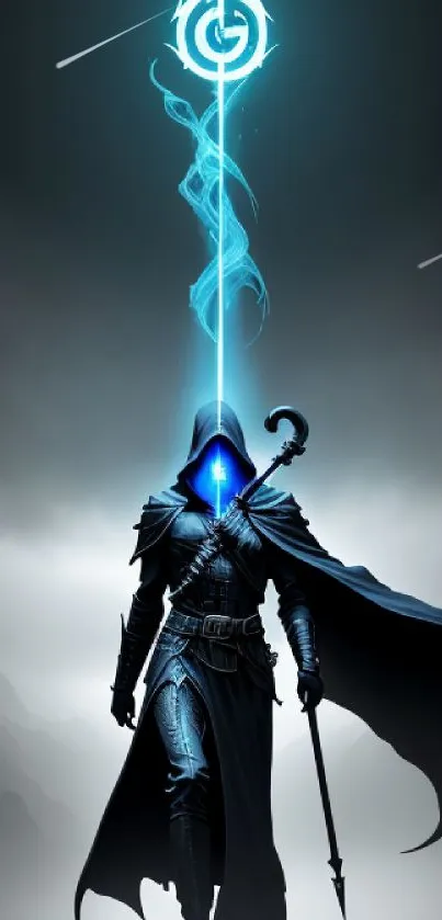 Mystical warrior with blue energy glow in a dark fantasy setting.