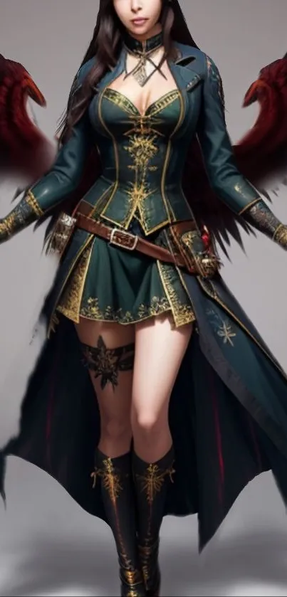 Mystical warrior with wings in detailed armor on a mobile wallpaper.