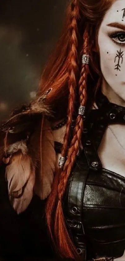 Red-haired warrior with tattoos and braids on a dark background.