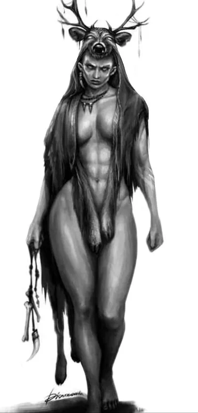 Mystical female warrior in black and white art.