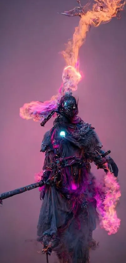 Fantasy warrior with purple flames on mobile wallpaper.