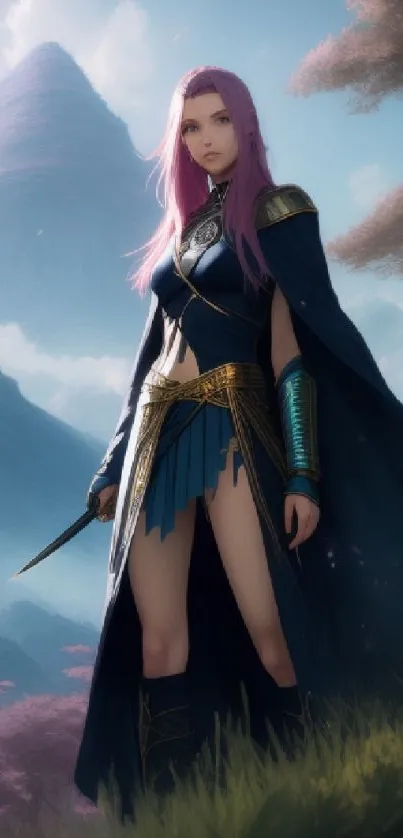 Mystical warrior with purple hair and blue cape in a fantasy landscape.