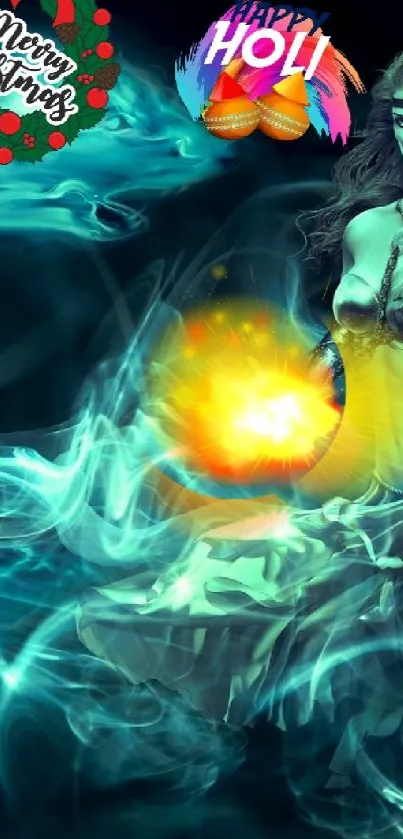 Mystical warrior in teal with swirling energy and vibrant glow.