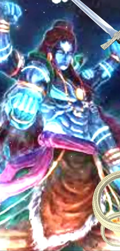 Mystical blue-skinned warrior with energy aura on mobile wallpaper.