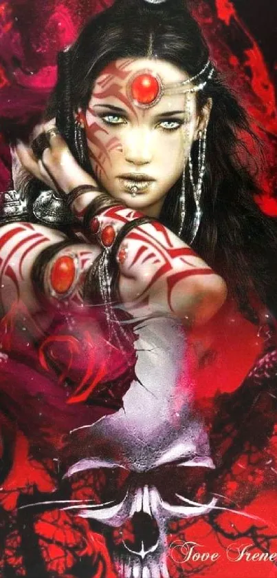 Mystical warrior with tribal design and red accents in fantasy art wallpaper.