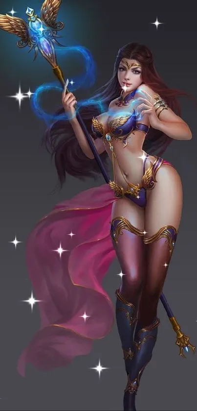 Mystical warrior with staff and purple design, fantasy mobile wallpaper.