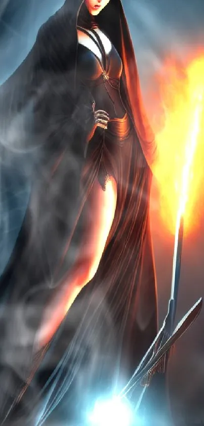 Dark-robed mystical warrior with staff and flames on a blue background.